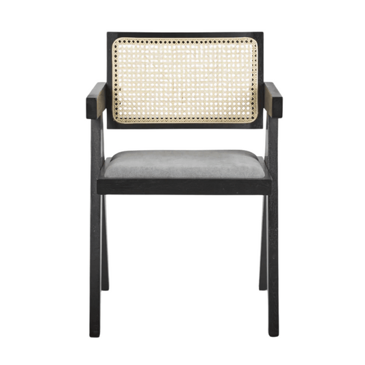 minyama black armchair with grey linen cushion