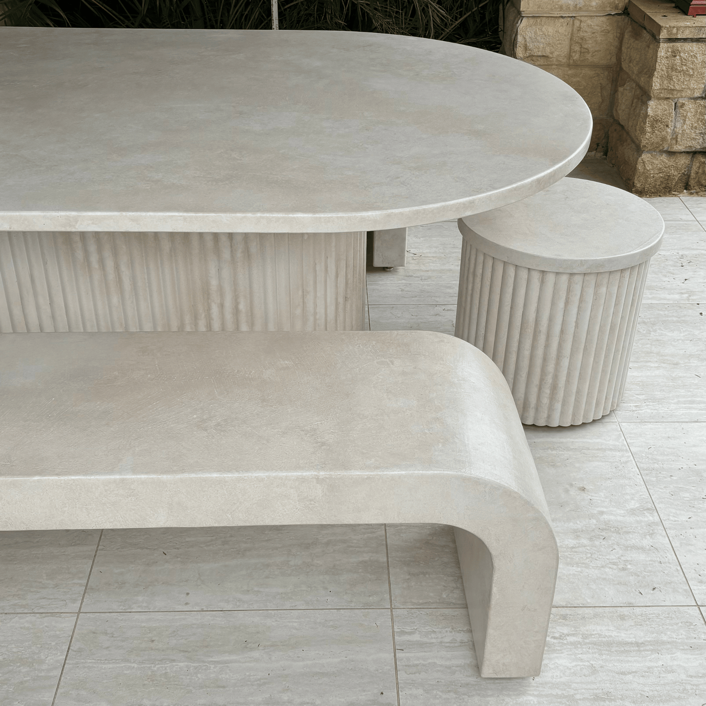 sand stonewash outdoor dining