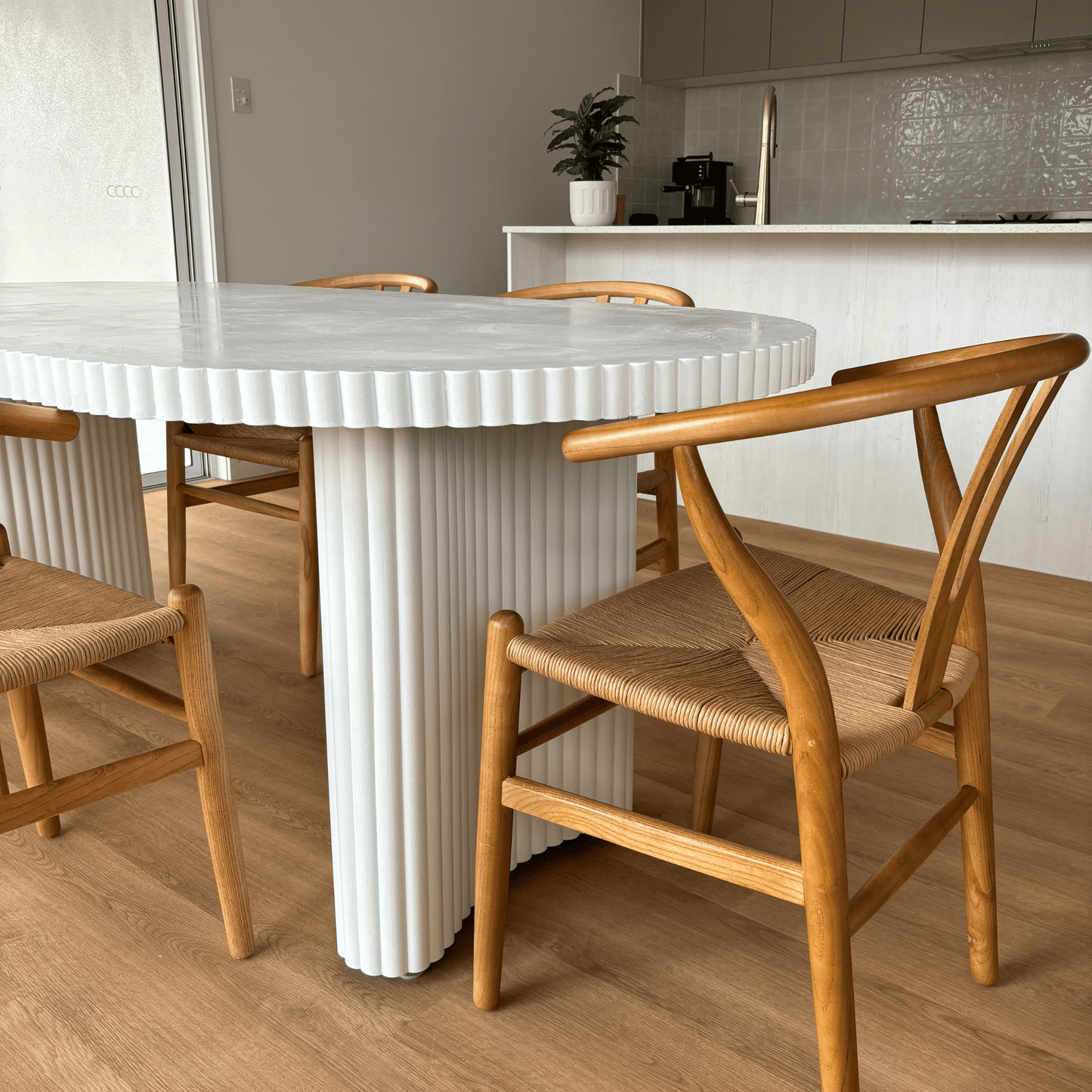 white microcement ribbed edge jellybean leg