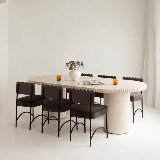 Enzo pillar dining table styled with Onyx chocolate dining chairs