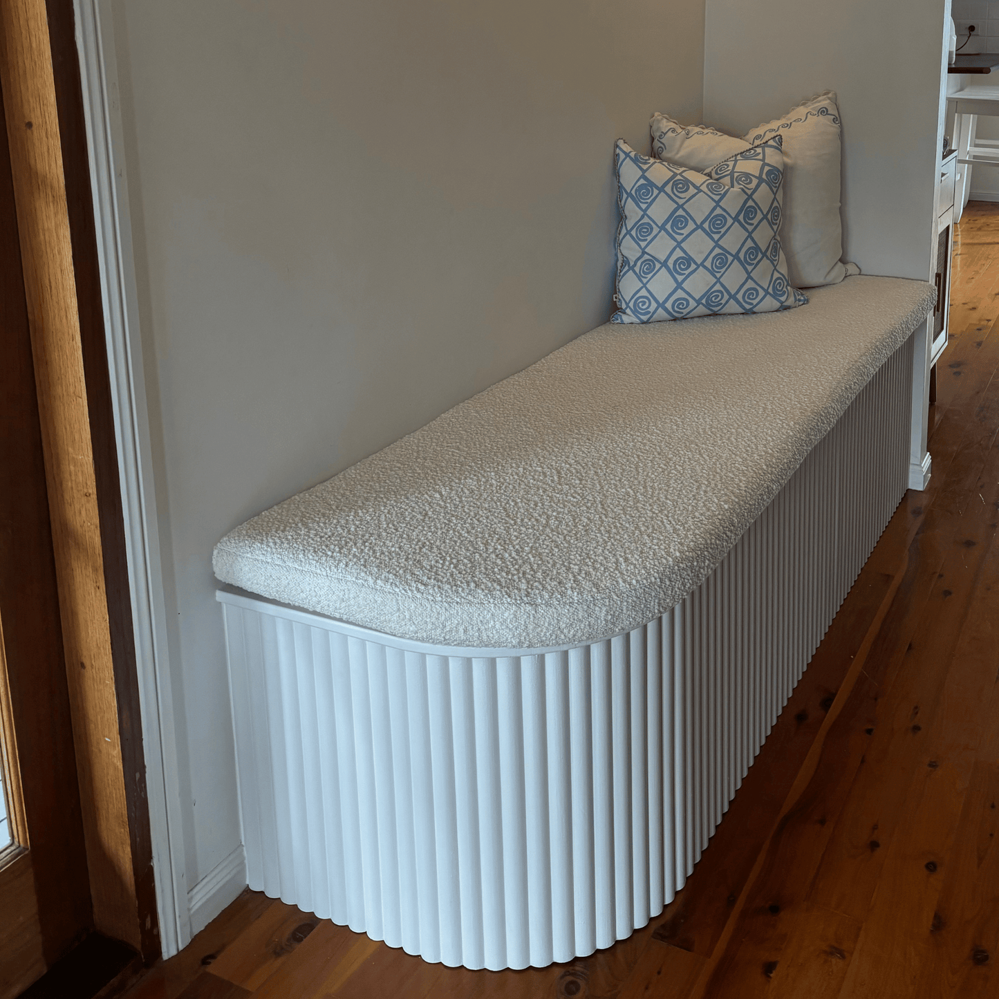 white matt fluted bench seating with cushion