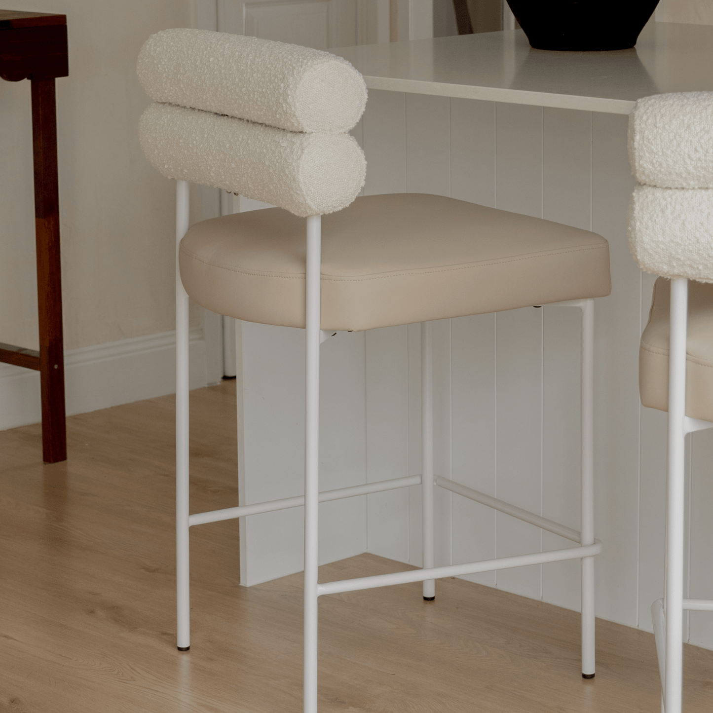 Close up of Eden bar stool with boucle backrest