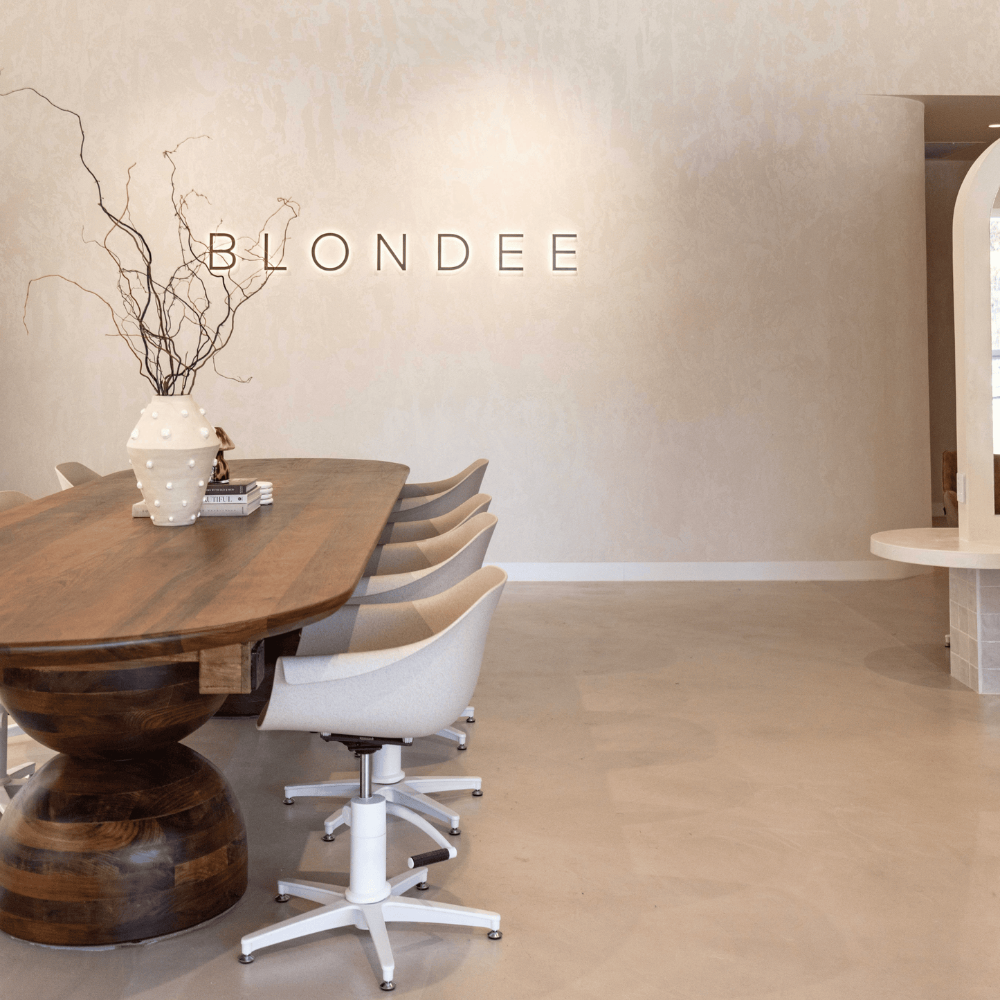 Salon interior with Tasmanian Oak feature table
