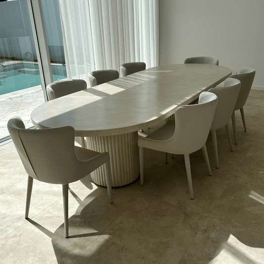 bilinga fluted pillar oval dining table in sand