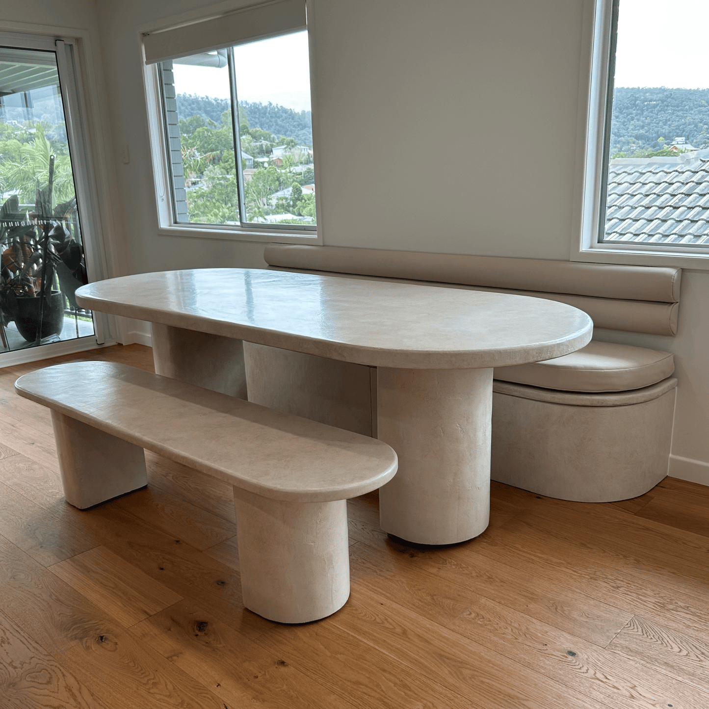 sutton dining table in sand stonewash