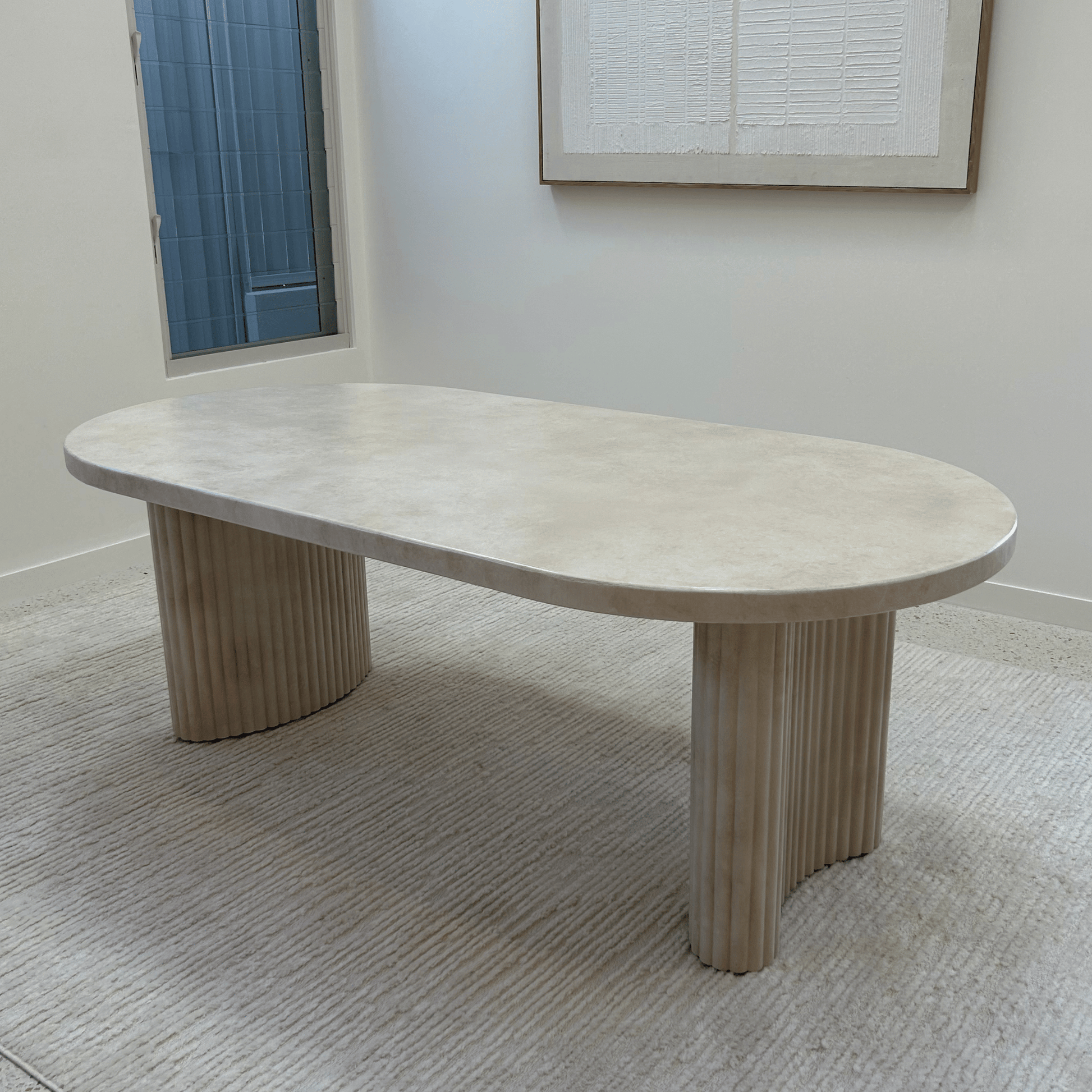 sand stonewash oval dining with fluted jellybean legs