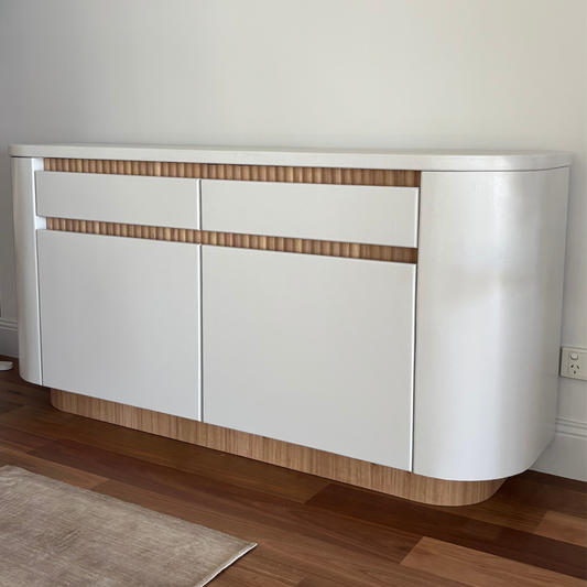 white microcement and Tasmanian Oak buffet