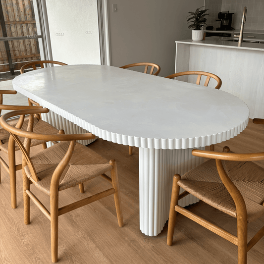 white microcement ribbed edge jellybean leg