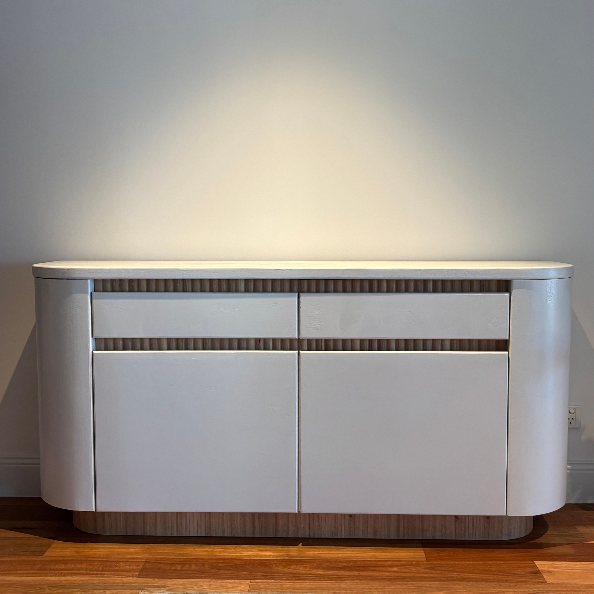 white microcement and Tasmanian Oak buffet