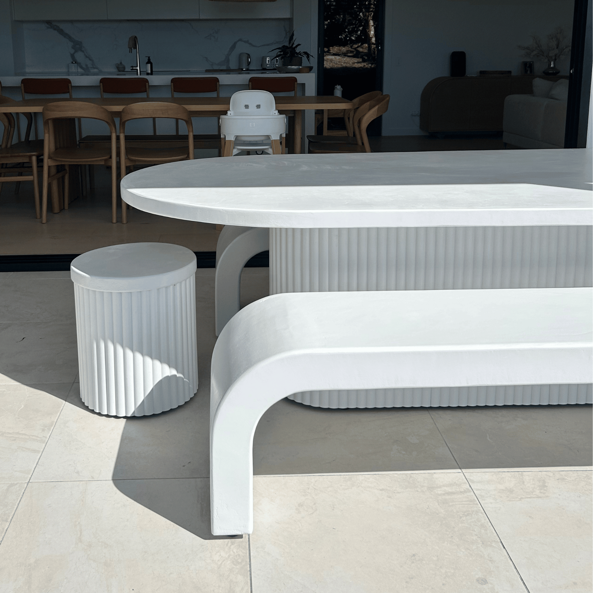 white microcement fluted centre console set
