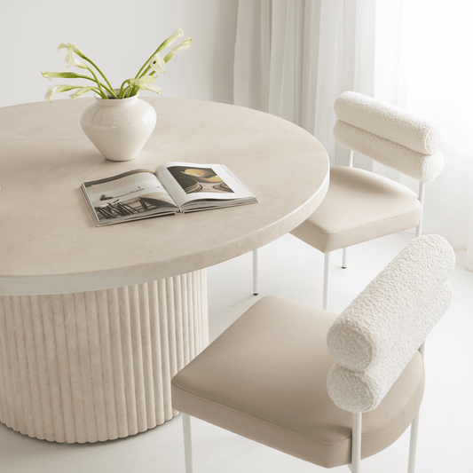 albany round fluted dining table in sand