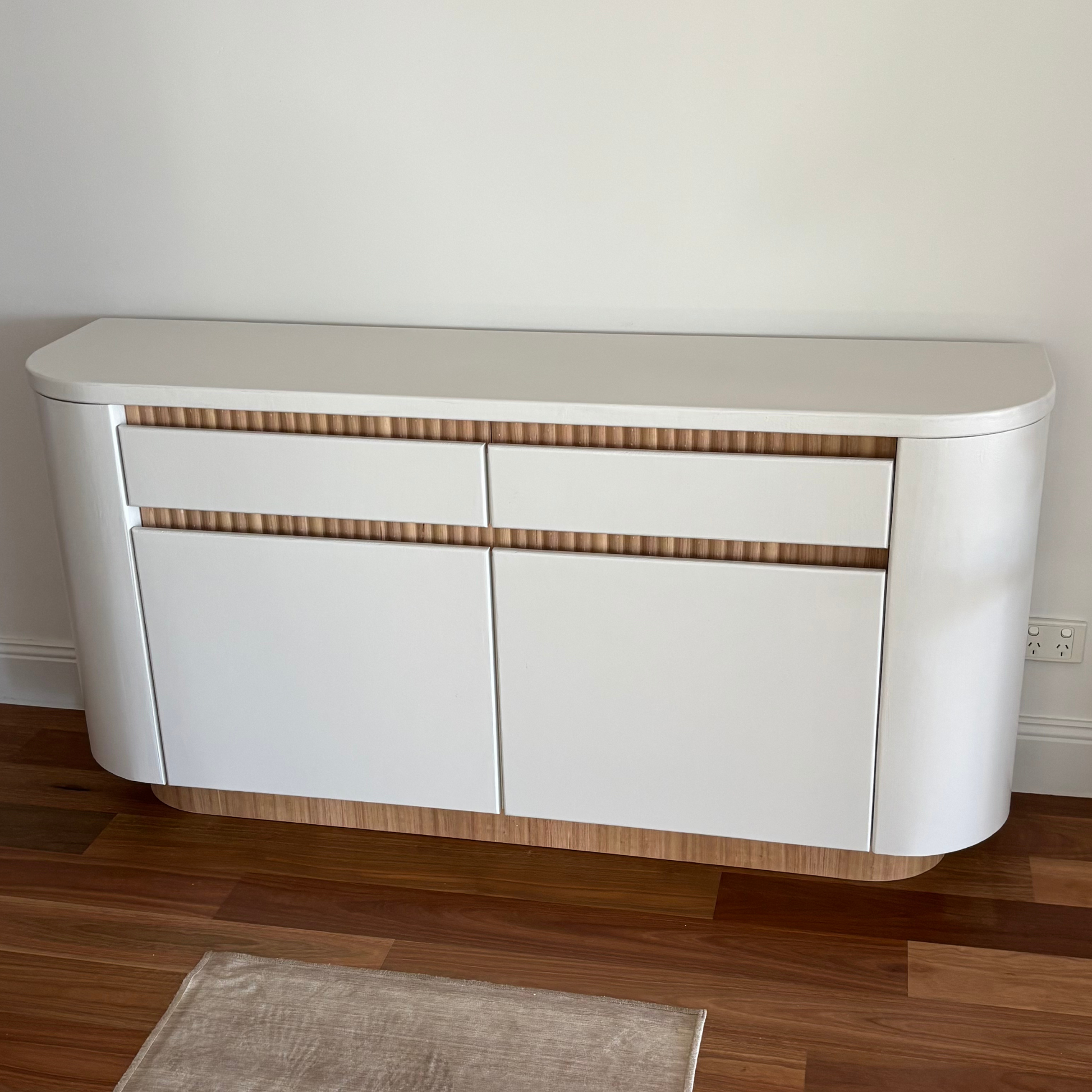 white microcement and Tasmanian Oak buffet