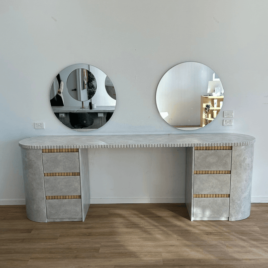 commercial makeup station in bone stonewash