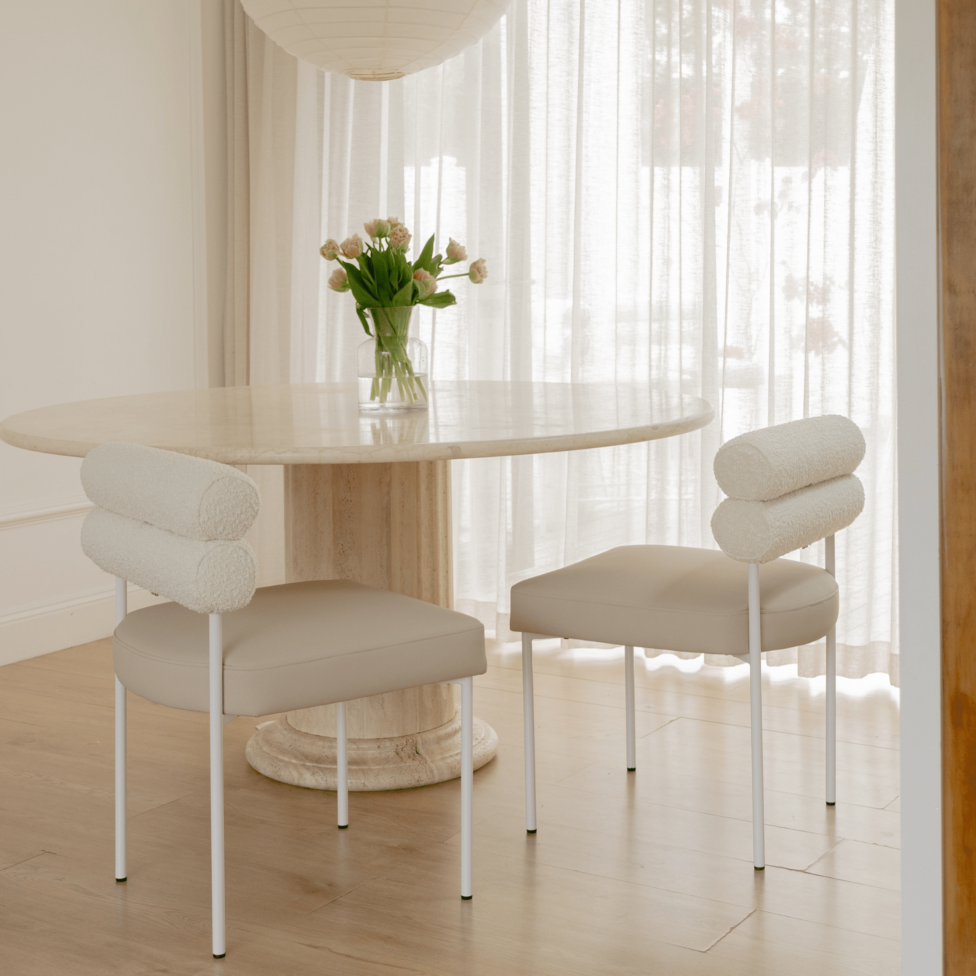 Eden white dining chair styled at dining table