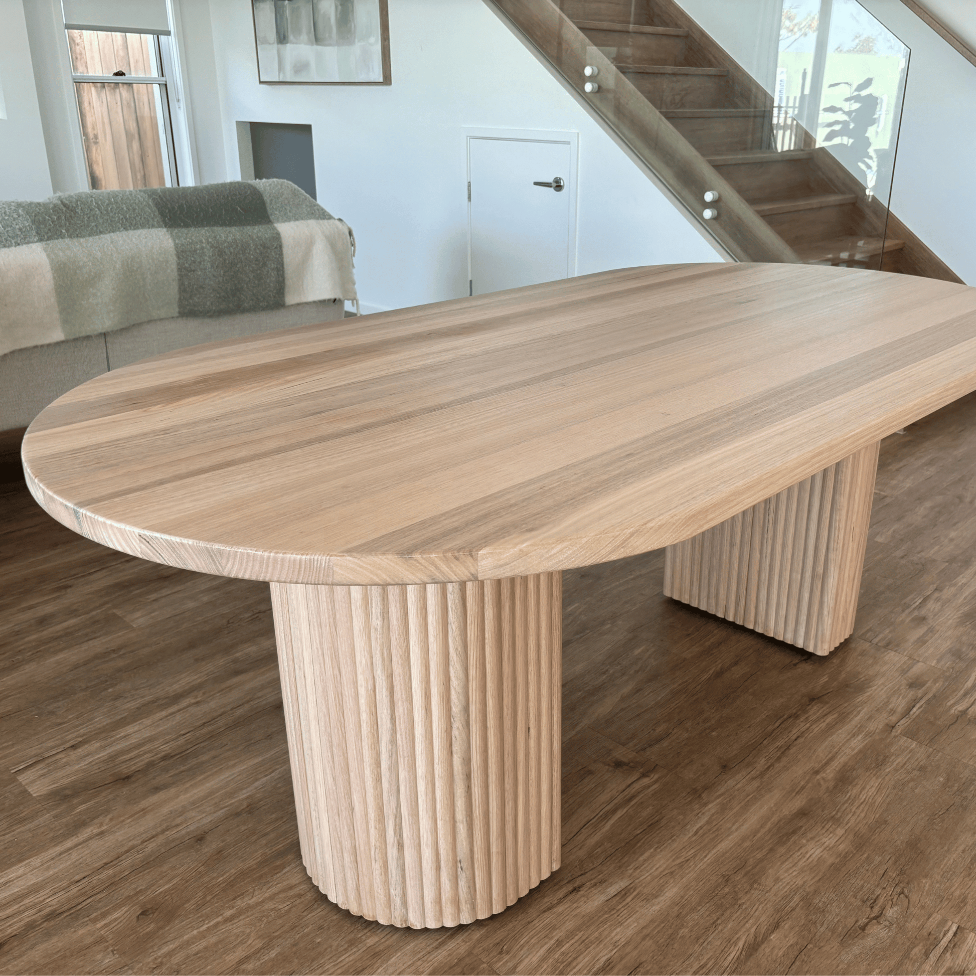 Tasmanian Oak oval dining with Snow finish