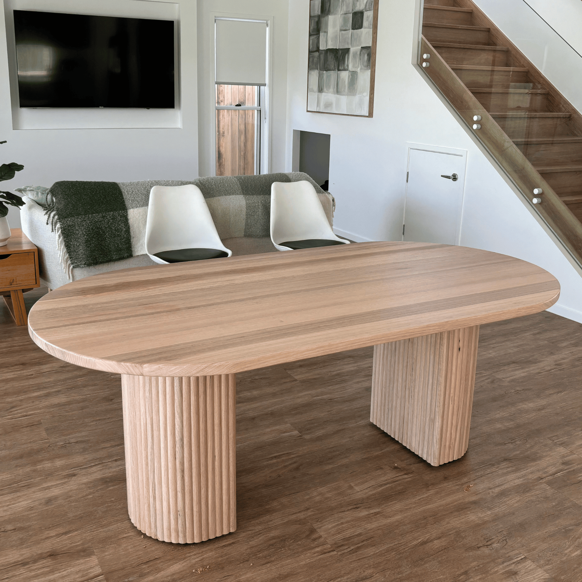 Tasmanian Oak oval dining with Snow finish