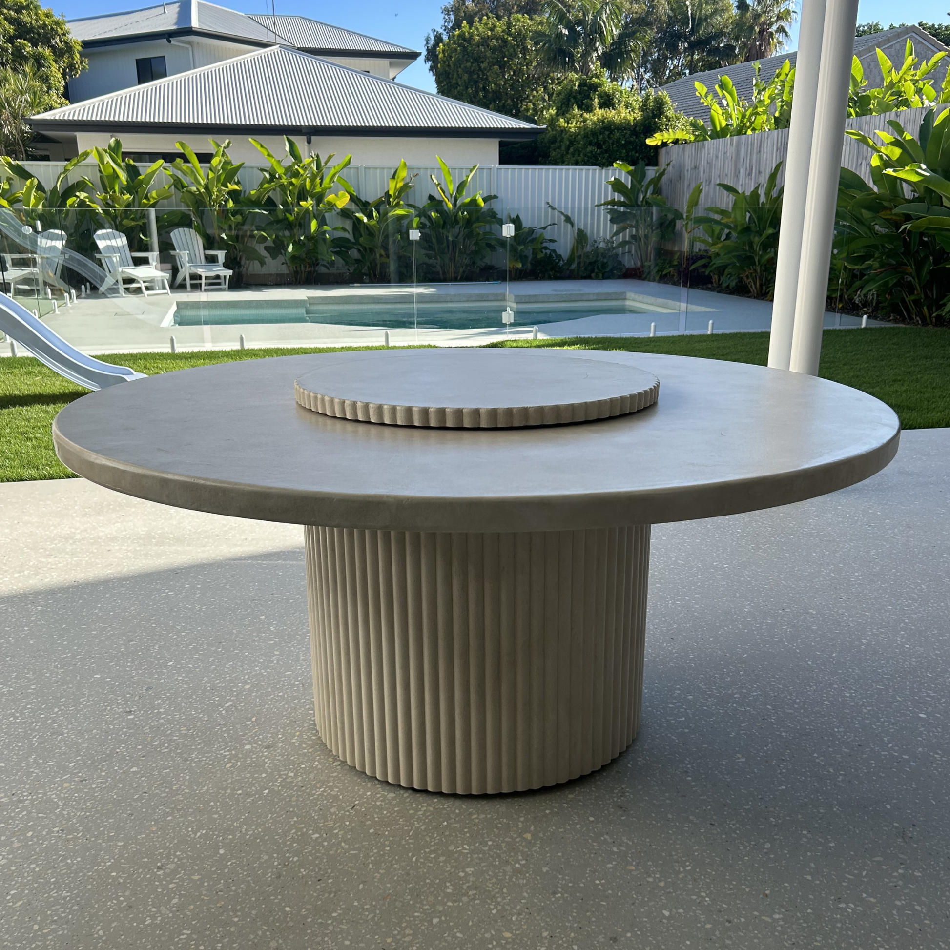 albany dining table in sand stonewash with lazy susan