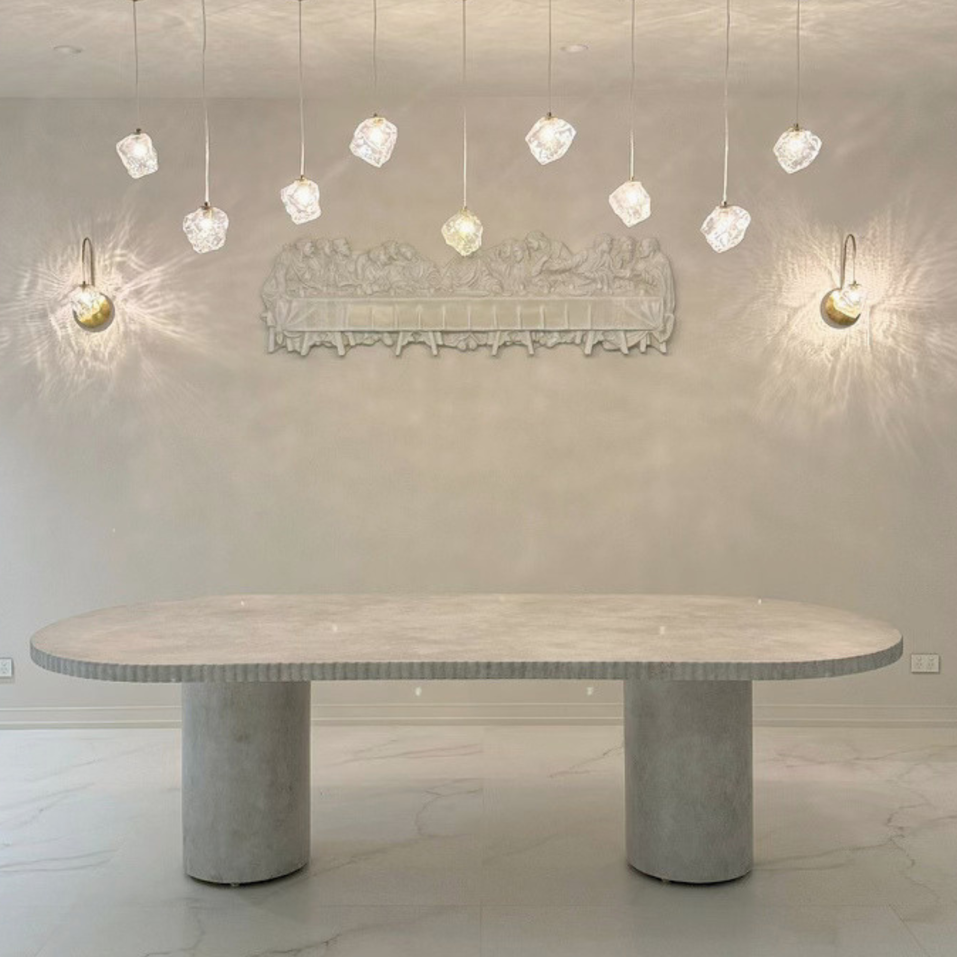enzo pillar dining table in bone stonewash 