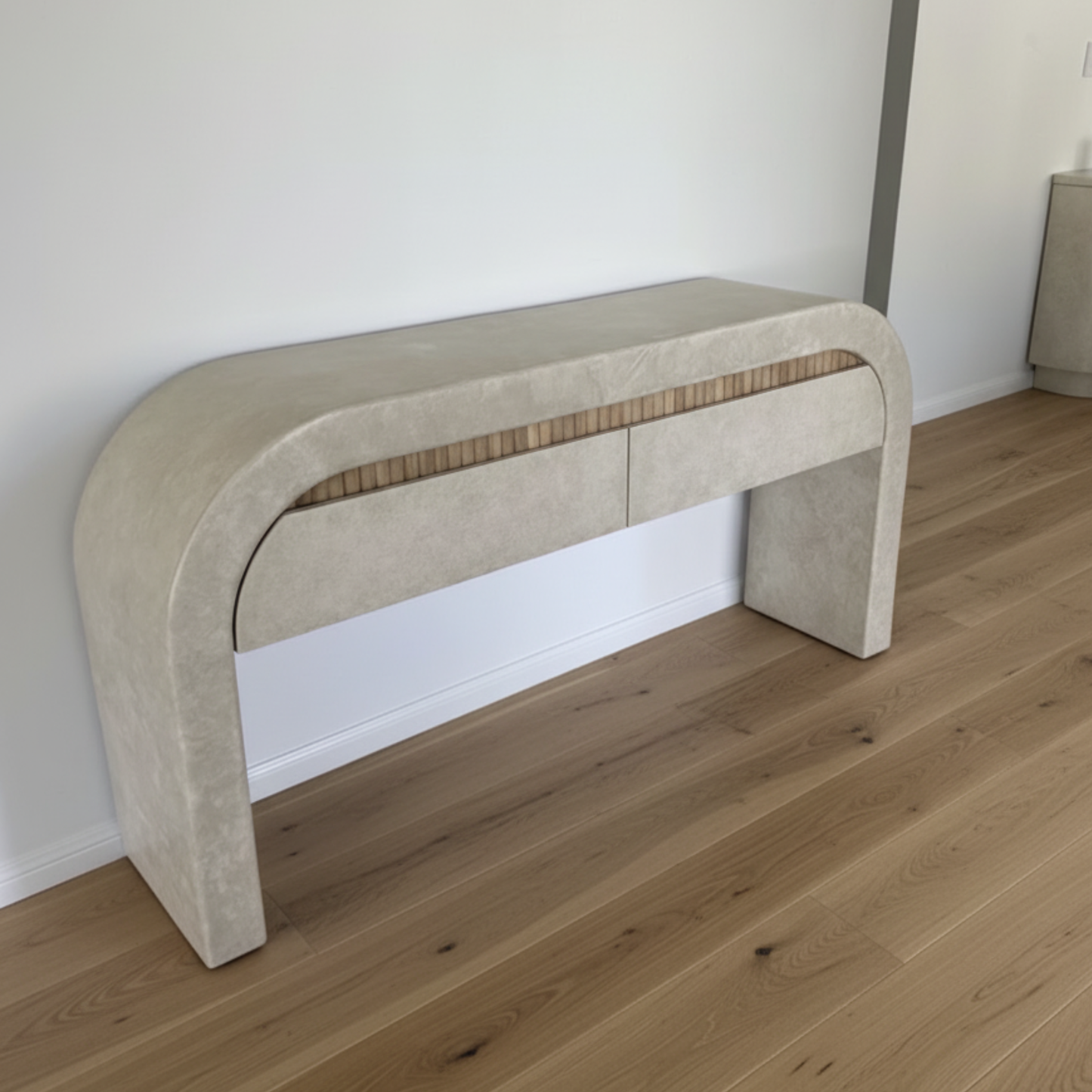 Minyama arch console table in sand stonewash