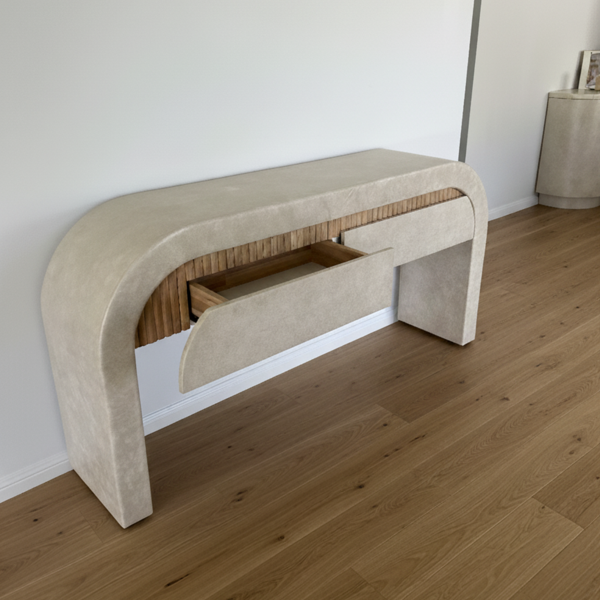 Minyama arch console table in sand stonewash