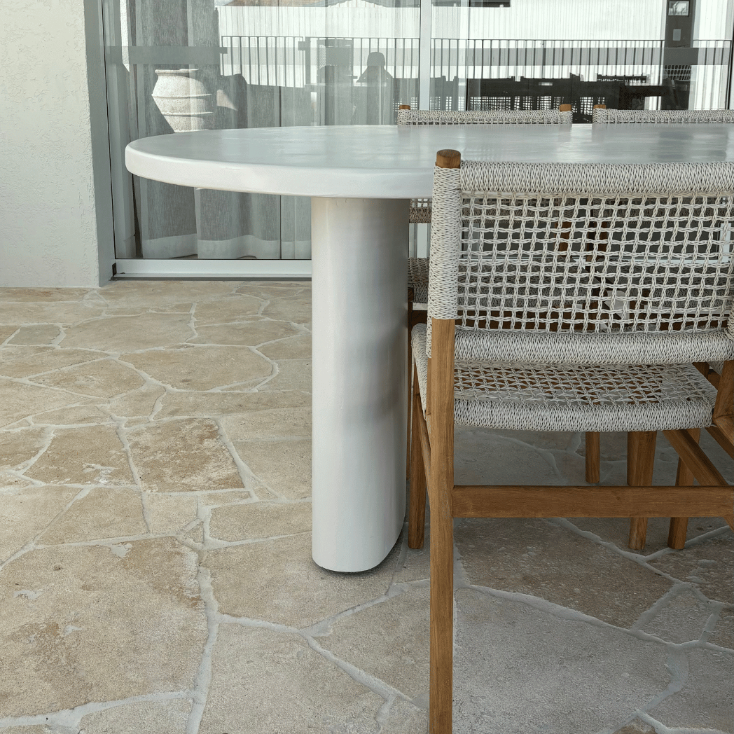 banksia jellybean table with white microcement