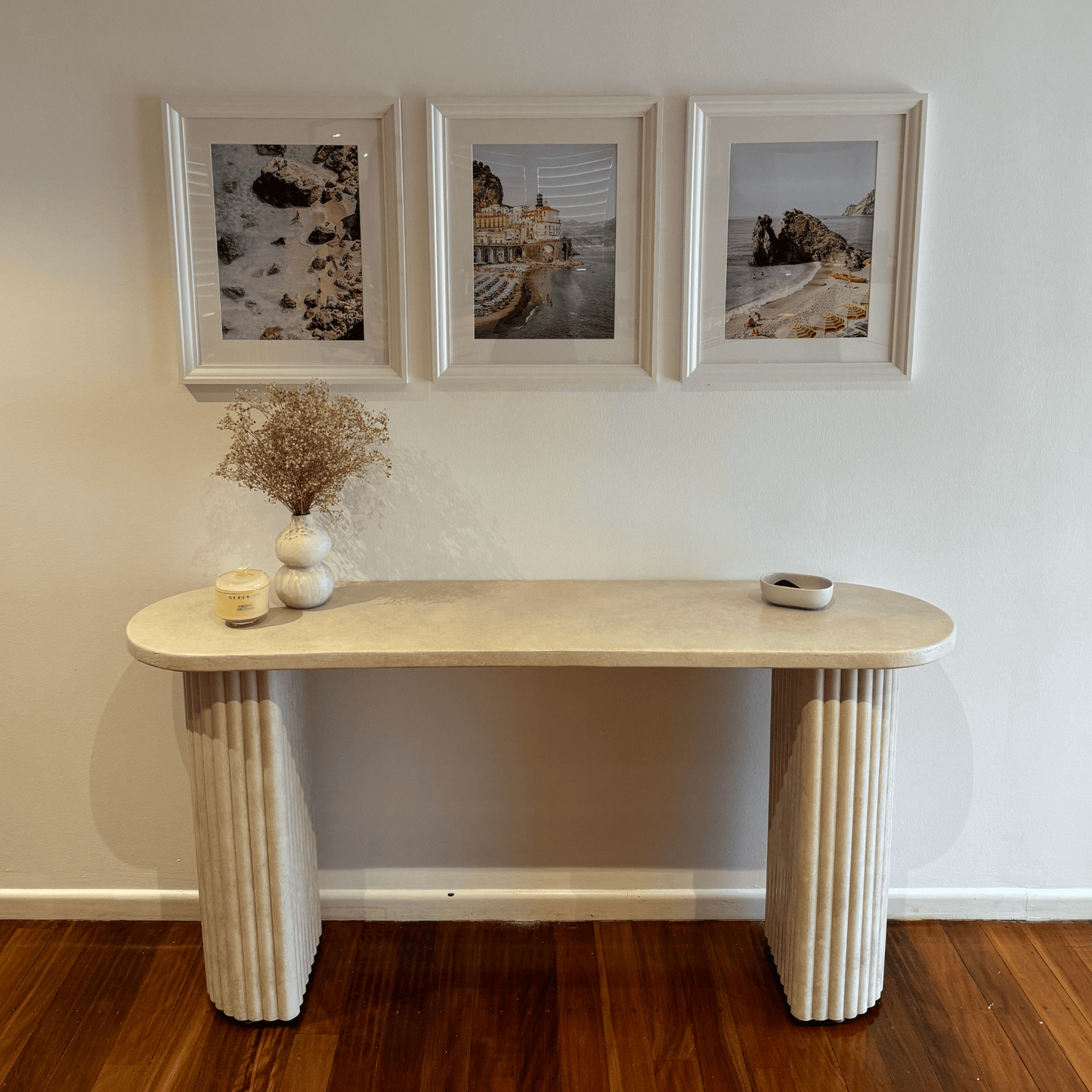 sand stonewash crescent conosle table