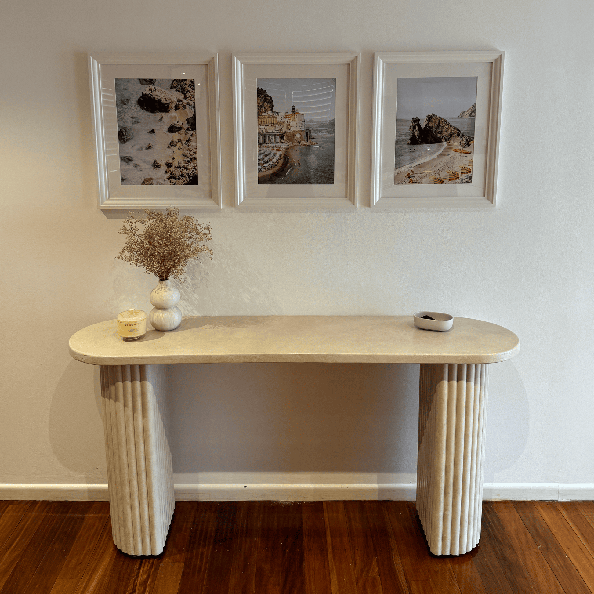 sand stonewash crescent conosle table