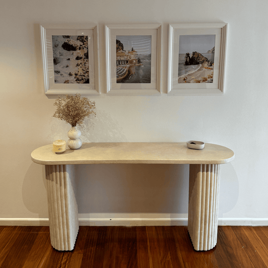 sand stonewash crescent conosle table