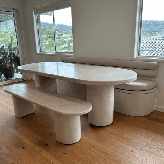 sutton dining table in sand stonewash