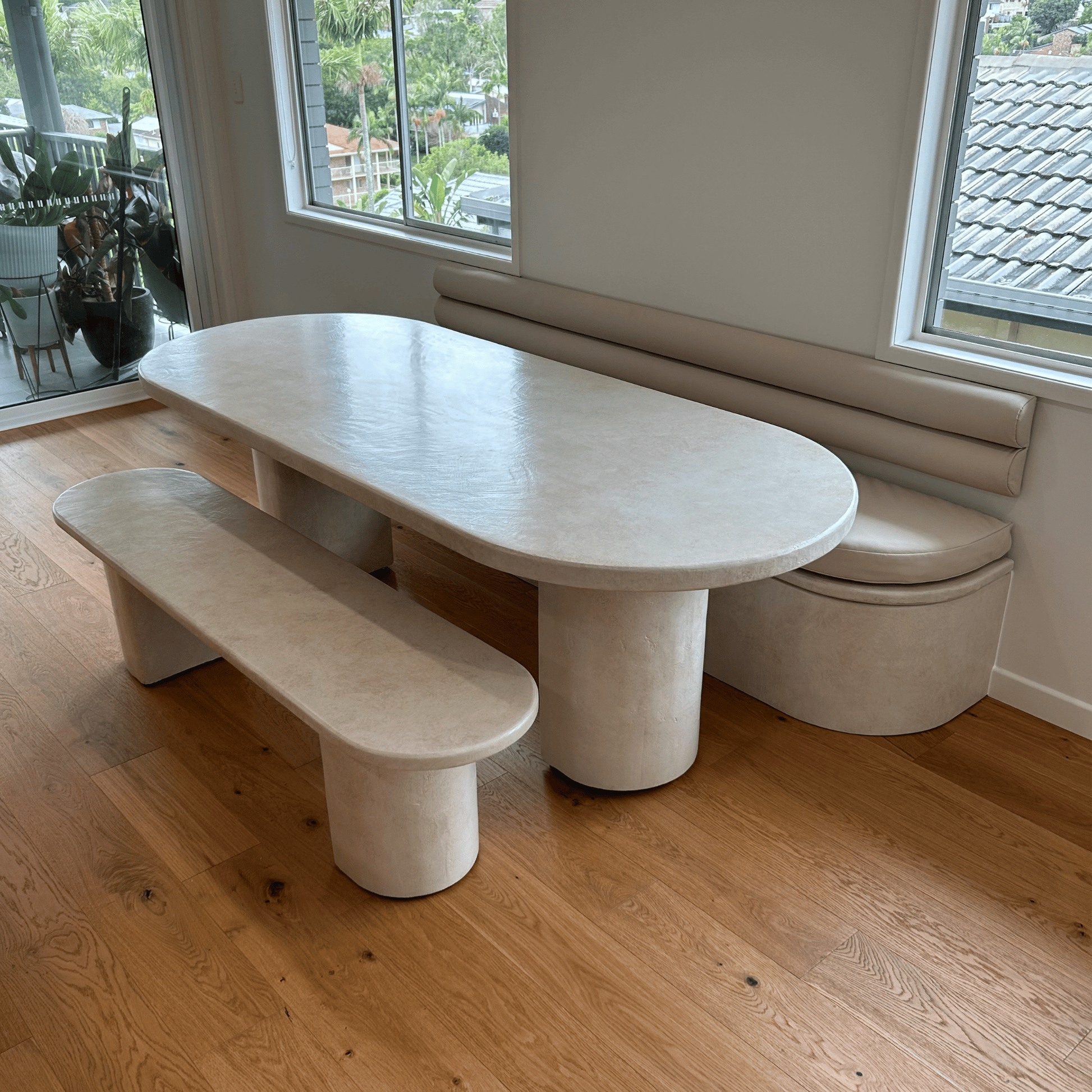 sutton dining table in sand stonewash with bench seating